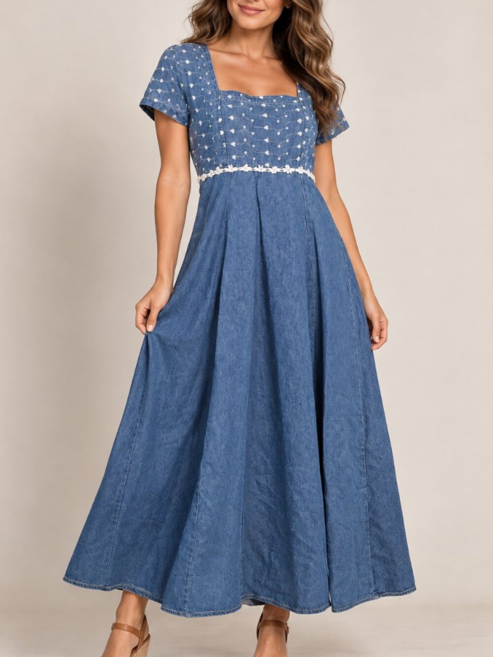 Vintage Denim Cottagecore Dress Size 5 Square Neck Eyelet Bodice Empire Waist